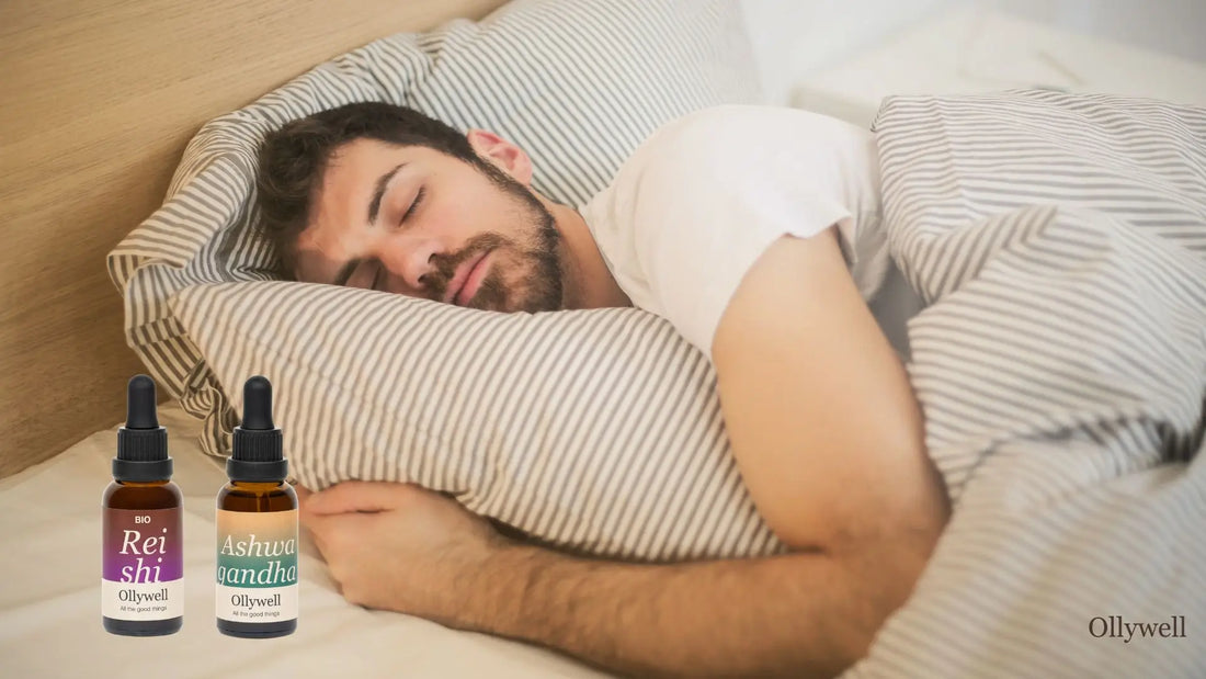 A man sleeping peacefully and liquid extracts of Reishi and Ashwagandha from Ollywell.